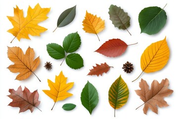 Fototapeta premium Colorful collection of autumn leaves arranged on a white background showcasing nature's beauty and seasonal change
