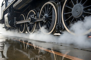 Steam Locomotive Wheels in Action with Smoke