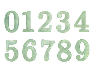 Hand painted watercolor green numbers 0-9 isolated on a white background.