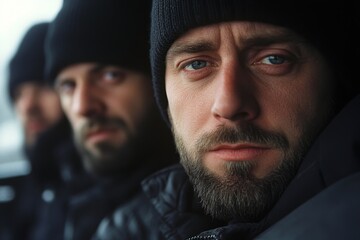 Obraz premium Group of men in dark clothing with serious expressions inside a vehicle during cold weather