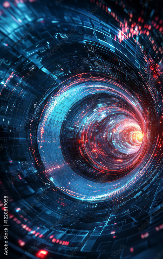 Poster digital tunnel: a dynamic, futuristic digital tunnel. illuminated by a vibrant array of blue and red
