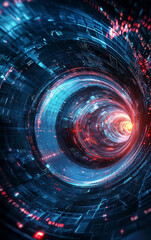 Fototapeta premium Digital Tunnel: A dynamic, futuristic digital tunnel. Illuminated by a vibrant array of blue and red lights, creating a sense of forward motion and technological advancement.