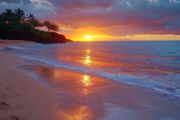 Obraz premium A tranquil beach at dusk with soft waves reflecting a vivid orange sunset