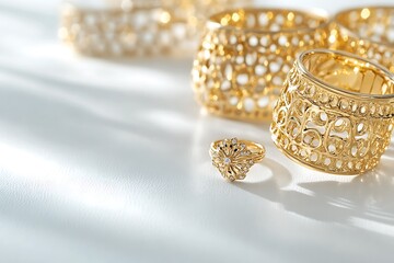 Close-up of golden bracelets with a complementary ring, arranged on a seamless white surface for a clean look.