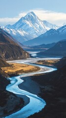 Majestic mountains peak with winding river through valley, scenic nature landscape
