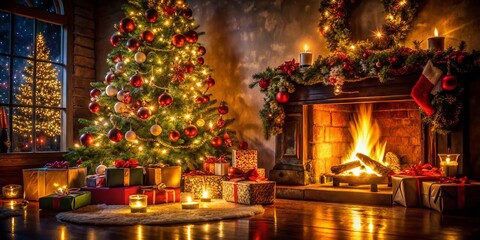 Fototapeta premium Magical Christmas Interior: Glowing Tree, Fireplace, and Gifts in Low Light