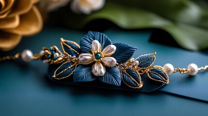 Elegant Teal and Gold Floral Bracelet with Pearls