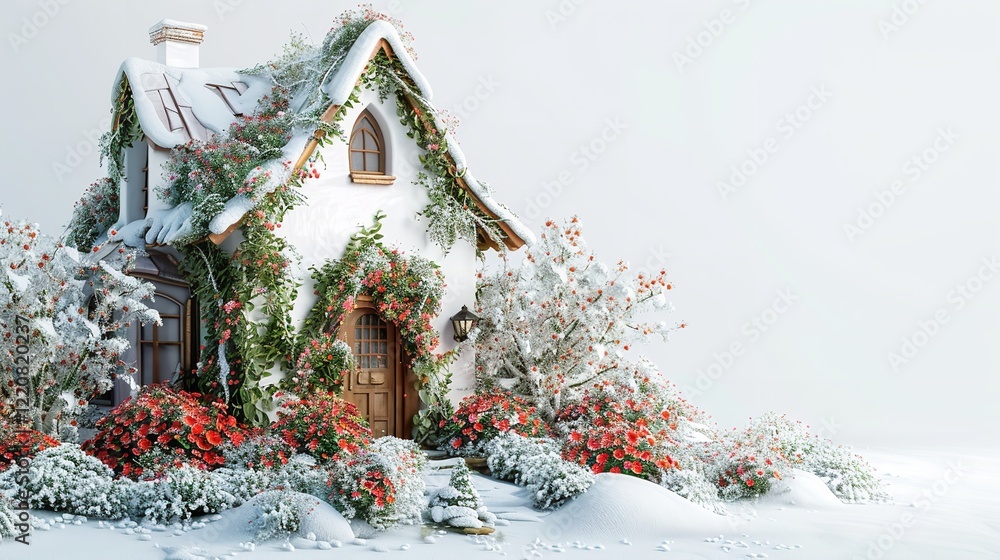 Poster an highly close-up of a 3d rendered of a whimsical house in a christmas garden with flowers happy on