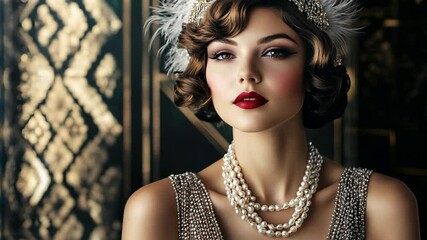 A glamorous woman dressed in 1920s vintage attire with pearls and a feathered headpiece, exuding sophistication