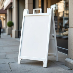 A blank white A-frame sidewalk sign stands on a city sidewalk. Perfect for advertising or announcements.