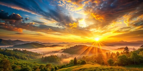 Obraz premium Magical Sunrise: Golden Hour Landscape Photography, Early Morning Sun Rays, Natural Light Phenomenon