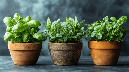 Fototapeta premium Potted Fresh Herbs on a Wooden Surface