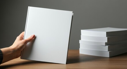 Hand reaching for blank book near stack of finished books on wooden table