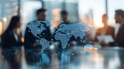 A group of professionals discusses global strategies, with a digital world map overlay symbolizing international collaboration and connectivity.