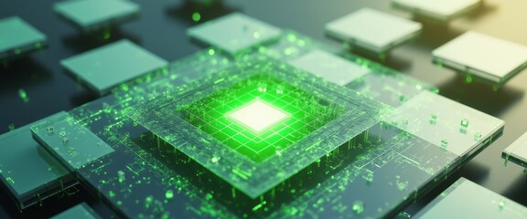 A stunning close-up of a futuristic circuit board showcases a vibrant green glow emanating from its center, surrounded by intricate patterns. This captivating image embodies the essence of technology