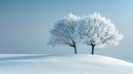 Fototapeta premium A close-up of a minimalistic winter picture with a large text area and a few of snow-covered trees in soft light against a soft blue gradient backdrop, Generative AI.