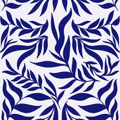 Blue Matissa plants seamless pattern, Minimal abstract floral tropical repeat print, Freehand doodle collage, Orcanic leaves background, simple nature shapes Summer botanical wallpaper