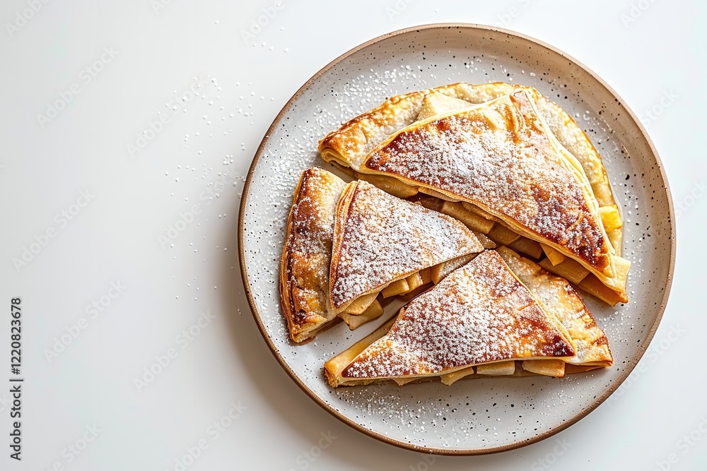 Poster a close-up of sliced apple strudel on a platter against a stark white background having plenty of ro