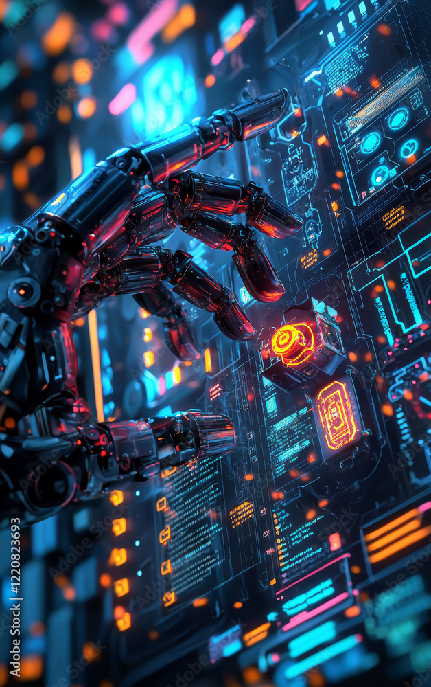 Aufkleber cybernetic touch: a futuristic robotic hand interacts with a vibrant digital interface, a display of