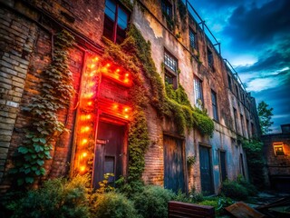 Fototapeta premium Abandoned Building Red Neon Letter E Urban Exploration Photography