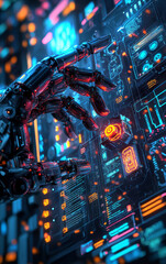 Fototapeta premium Cybernetic Touch: A futuristic robotic hand interacts with a vibrant digital interface, a display of advanced technology. This image is a symbol of innovation and the coming era.