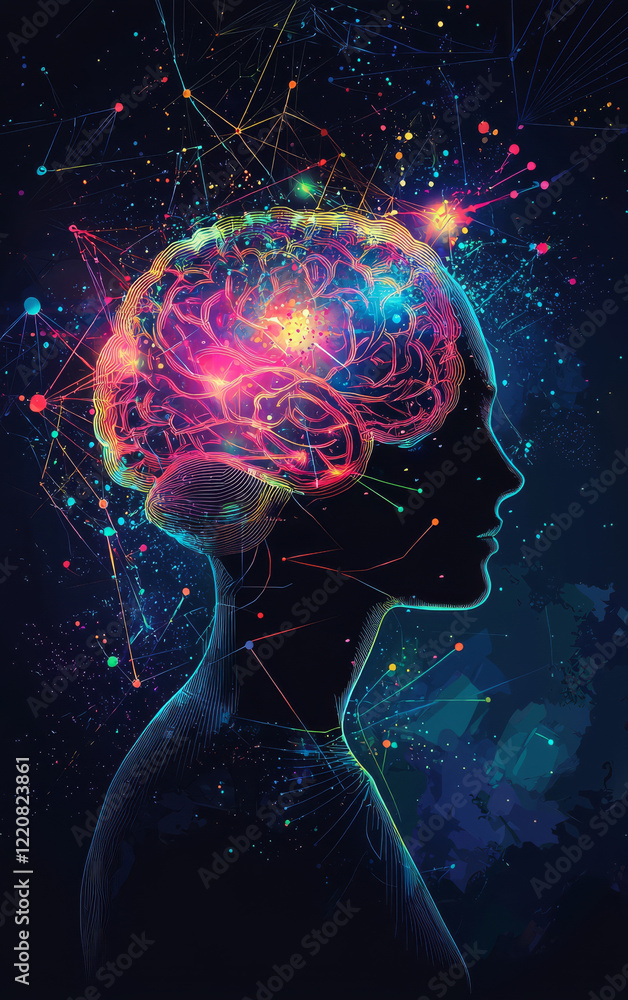 Poster mind illuminated: a vivid illustration of a person's profile silhouette with the brain depicted in a