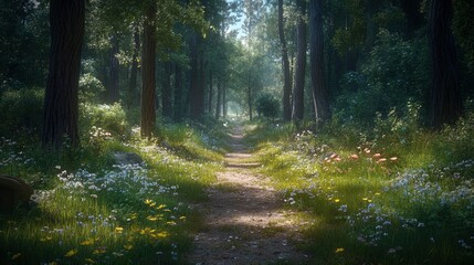 Serene forest pathway lined with wildflowers, sunlight filtering through trees, inviting exploration
