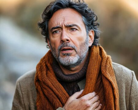 Middle-aged man experiencing severe chest pain during strenuous physical activity like hill climbing a cautionary tale illustrating heart attack symptoms Recognizing and understanding these warning - Powered by Adobe