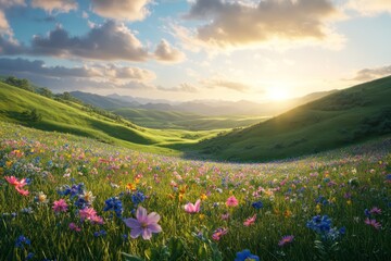Fototapeta premium A tranquil meadow glowing with summer wildflowers, surrounded by rolling green hills under a radiant sky