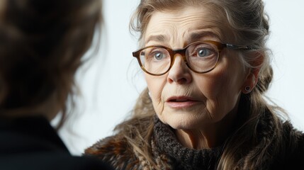 Realistic depiction of an elderly woman experiencing chest pain and describing her symptoms to a concerned family member This image portrays the crucial communication aspect of recognizing a