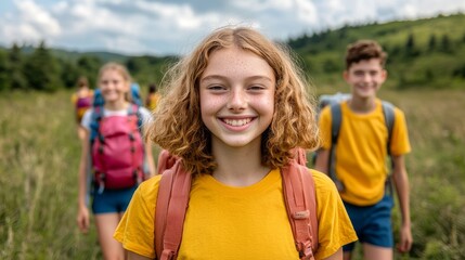 Fototapeta premium Happy girl smiles while hiking in a field with friends, enjoying nature and summer adventure.