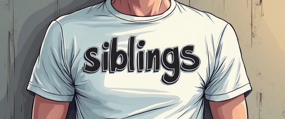 A close-up of a person wearing a stylish white t-shirt emblazoned with the word siblings in bold, playful lettering. This image captures the essence of familial bonds and the joy of sibling