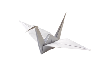 A graceful origami crane with slightly spread wings, highlighting its delicate craftsmanship and elegant simplicity. Isolated on a transparent background