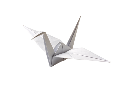 A graceful origami crane with slightly spread wings, highlighting its delicate craftsmanship and elegant simplicity. Isolated on a transparent background
