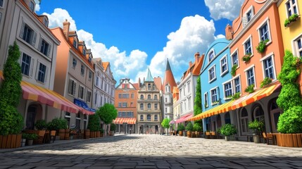 Fototapeta premium Charming European Style Street with Colorful Buildings and Trees