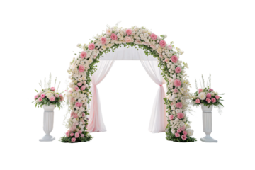 A grand floral arch with abundant pink and white flowers and trailing greenery, complemented by draped white fabric, exuding luxury. Isolated on a transparent background