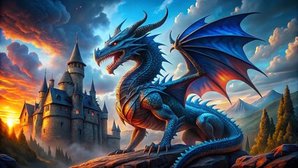 Fototapeta premium Majestic Blue Dragon Guarding Ancient Castle - Panoramic Fantasy Art