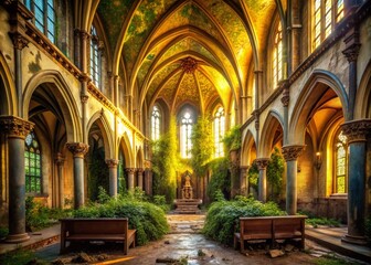 Fototapeta premium Abandoned Golden Church Interior, Urban Exploration Photography