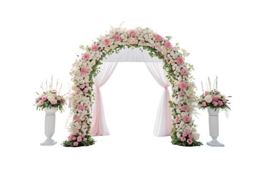 A grand floral arch with abundant pink and white flowers and trailing greenery, complemented by draped white fabric, exuding luxury. Isolated on a transparent background - Powered by Adobe