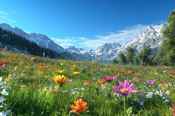 Obraz premium A tranquil mountain meadow filled with vibrant wildflowers, glowing under a clear blue sky