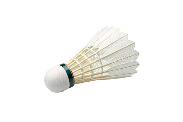 A high-quality shuttlecock with natural feathers and a green band, meticulously crafted for precision and flight consistency. Isolated on a transparent background