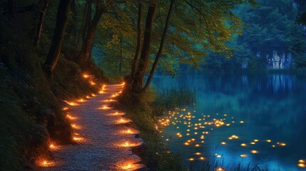 Magical Forest Path, Candles, Lake, Night, Serenity
