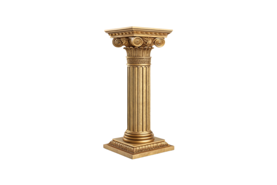 A luted Ionic column in gold with ornate detailing, symbolizing structural beauty and ancient Greco-Roman artistic heritage. Isolated on a transparent background