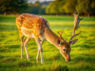 Naklejka premium Majestic Brown Fallow Deer Grazing in Lush Meadow - Drone Photography