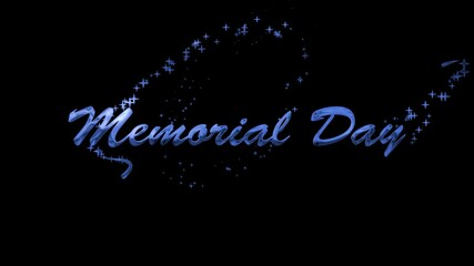 Animated of Blue Memorial Day text sparkles amidst scattered stars, patriotic holiday design suitable for social media posts, flyers, and promotional materials. 4k alpha channel