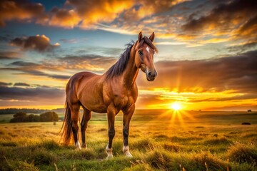 Majestic Brown Horse Silhouette at Sunset - Long Exposure Photography
