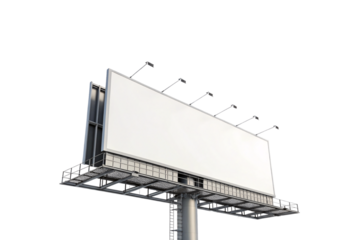 A massive blank billboard displayed at an angle, supported by a robust metallic frame and highlighted with overhead lights. Isolated on a transparent background