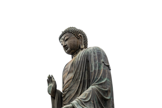 A majestic bronze Buddha statue with a serene expression, raised hand in a gesture of blessing. Isolated on a transparent background