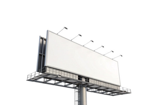 A massive blank billboard displayed at an angle, supported by a robust metallic frame and highlighted with overhead lights. Isolated on a transparent background