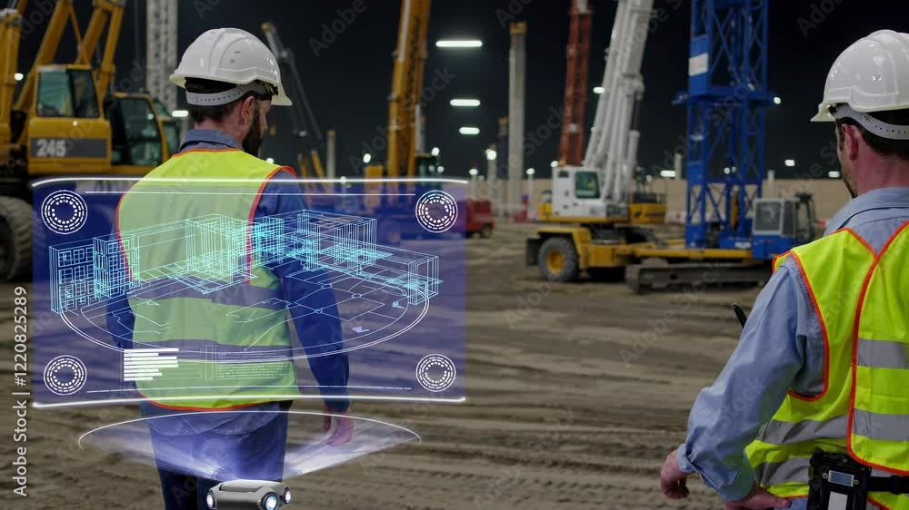Poster construction workers using augmented reality for project planning at a construction site in the even